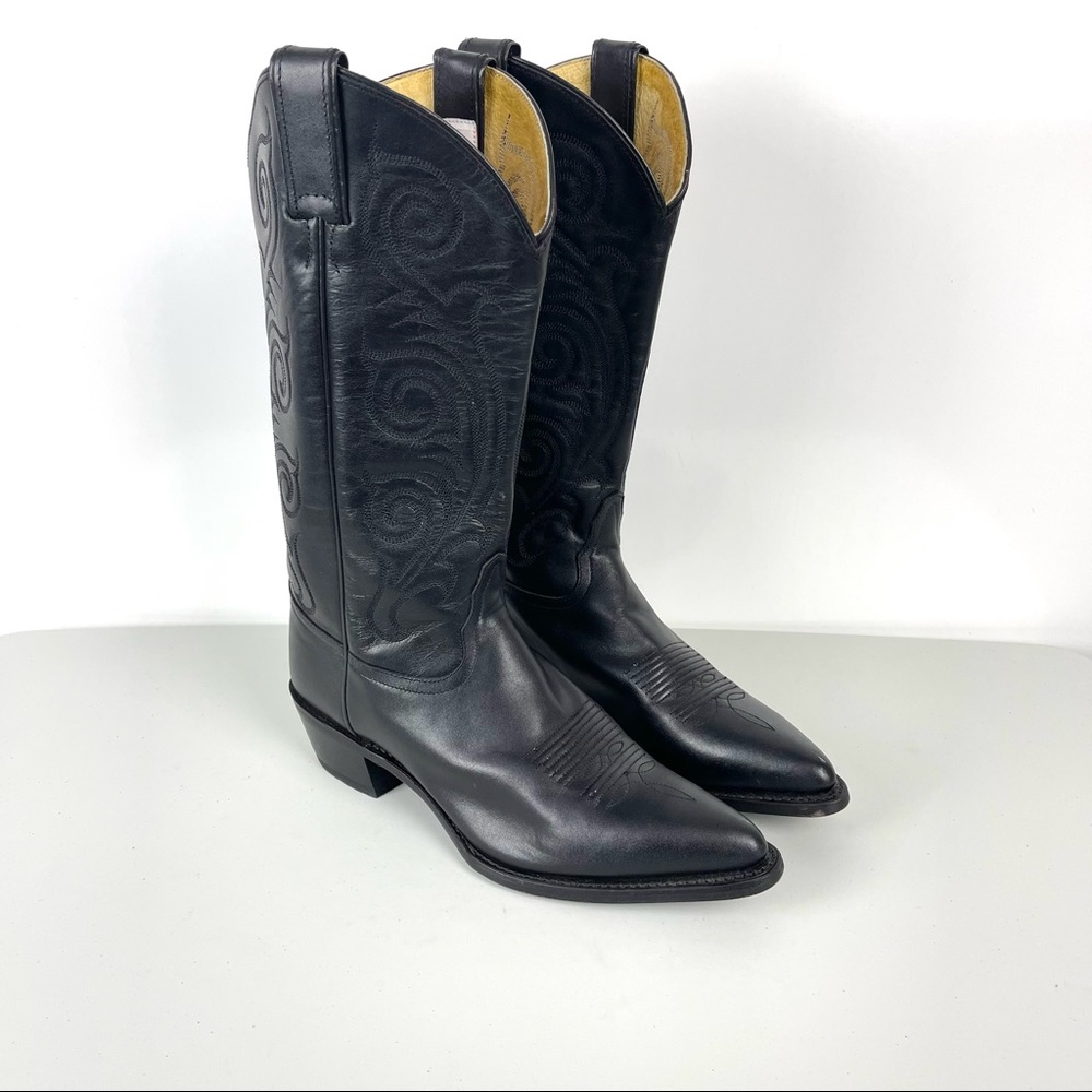 Vintage Tony Lama Black Leather Tall Pointed Toe Western Cowboy Boots Size 8.5B